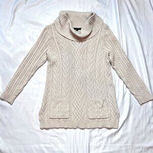 LARGE Jeanne Pierre Ivory CABLE NECK Cowl Neck Sweater Tunic - POCKETS Ladies